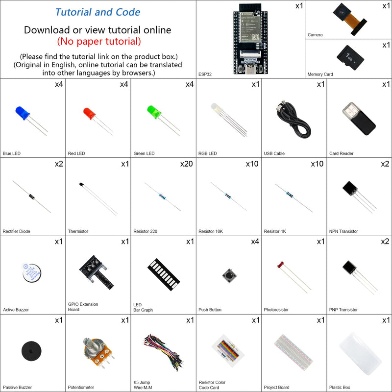 Freenove ESP32 Kit dev CAM Board Basic Starter Kit, Dual-Core 32-Bit 240 MHz Microcontroller, Onboard Camera WiFi+BT, 400 Pages Detailed Tutorial, Python C Code, 58 Projects, 141 Items With memory card slot and card