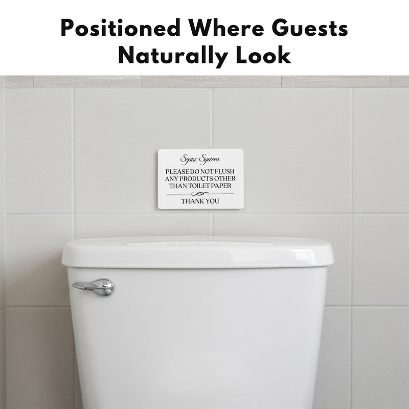 Septic System Do Not Flush Toilet Sign 2-Pack (White Acrylic 5 x 3.5 in) - Do Not Flush Anything Except Toilet Paper Sign - Bathroom Signs for Business - Airbnb and Restroom Signage White (Pack of 2)