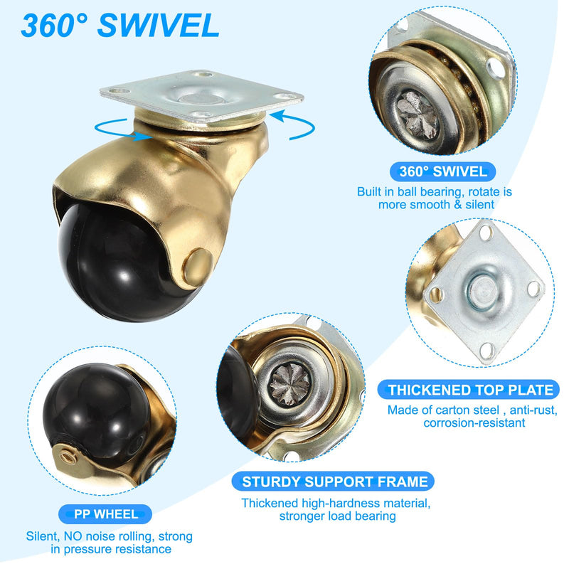 [Australia - AusPower] - PATIKIL 1.5 Inch Ball Caster Wheels Set of 4, 360° Rotating Swivel Top Plate Wheels 298 lbs Total Capacity Caster with M4 Screws for Furniture Table Cabinet Gold 