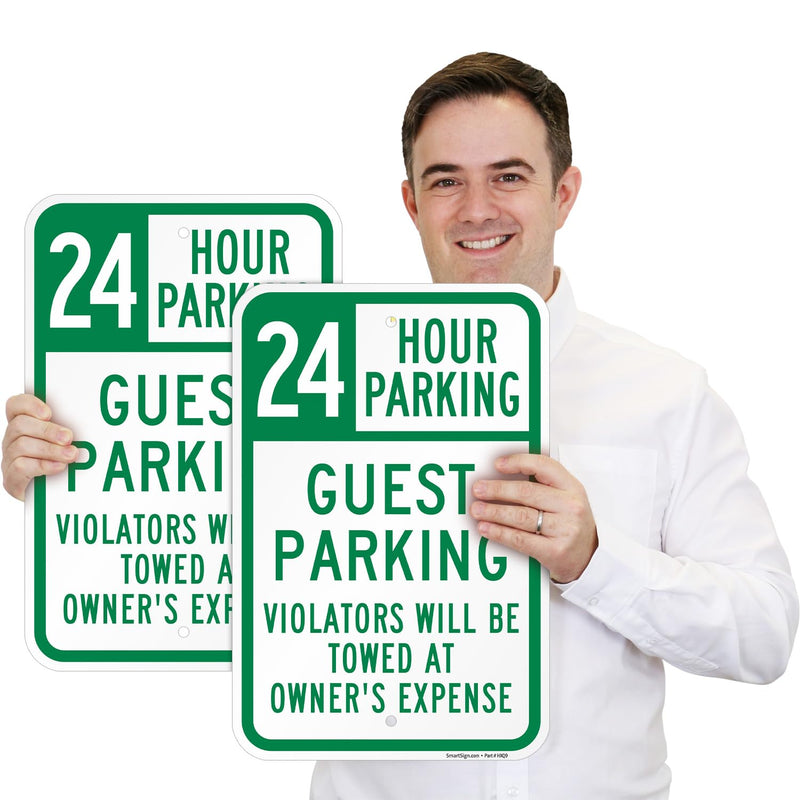 SmartSign 24 Hour Guest Parking Violators Towed At Owner's Expense Sign - 2-Pack, 12" x 18", 80 mil Thick Aluminum Composite (ACM), Pre-Drilled Holes, Green and White, Made in USA 12" x 18" - AL ACM (Pack of 2)