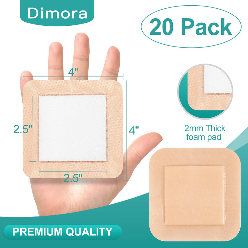 [Australia - AusPower] - Dimora Silicone Foam Dressing with Border 20 Pack Adhesive 4"x4" Waterproof Wound Dressing Bandage for Wound Care 4"x 4" 