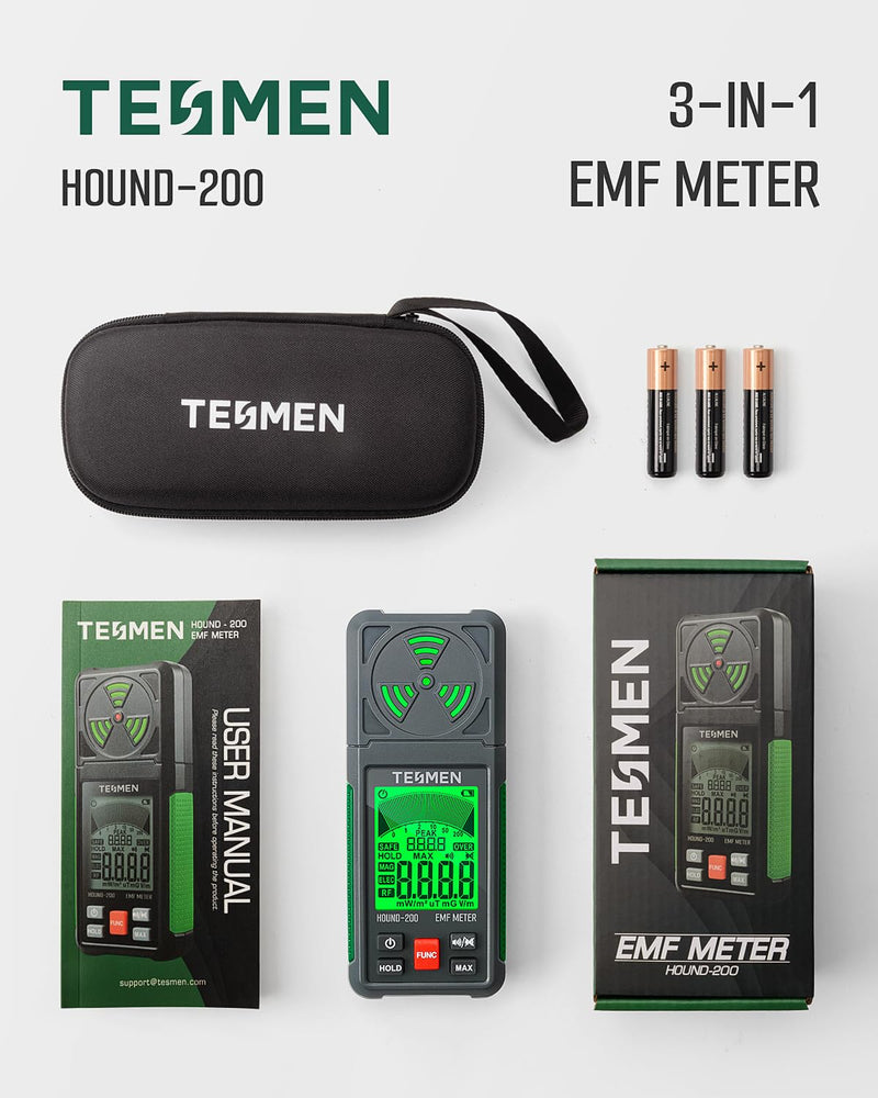 [Australia - AusPower] - EMF Meter, Hound-200 EMF Detector: 3-in-1 Portable Electromagnetic Field Radiation Detector for EF, RF, MF, WiFi Signal, Suitable for Home, Office EMF Inspections and Ghost Hunting - Green 