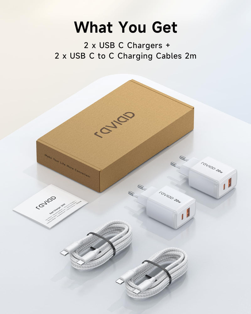 RAVIAD 20 W USB C Charger 2 Pack, 2 Port Fast Charger with 60 W Cable 2 m | Multiple Power Supply USB C+USB A with Fast Charging Cable USB C to USB C for iPhone 17 16 15 Pro Max, iPad Pro, Macbook 2 packs