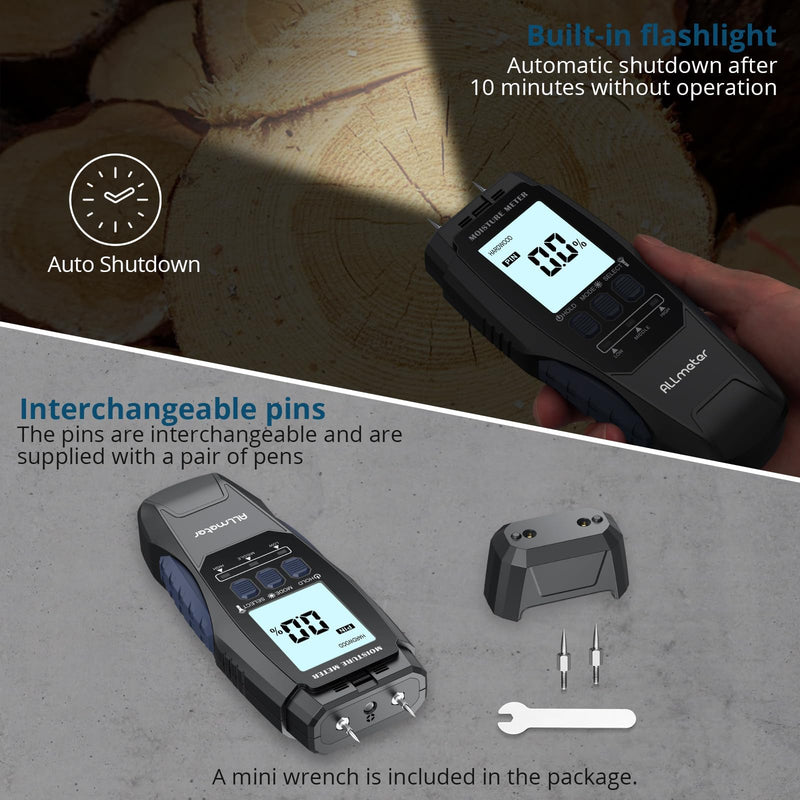 [Australia - AusPower] - Digital Pin-Type Wood Moisture Meter with Replaceable Probes,Backlit LCD,Flashlight,4 Modes for Wood, Drywall,Firewood,and Concrete 