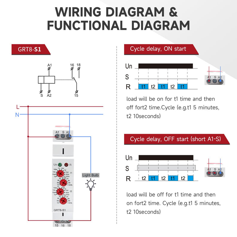 Asymmetric Cycle Timer Relay 1SPDT AC 230V 16A Long or Short Period Repeat Cycle Tntermittent Timer Electronic Relay in Din Rail (GRT8-S1 AC 230V) GRT8-S1 AC 230V