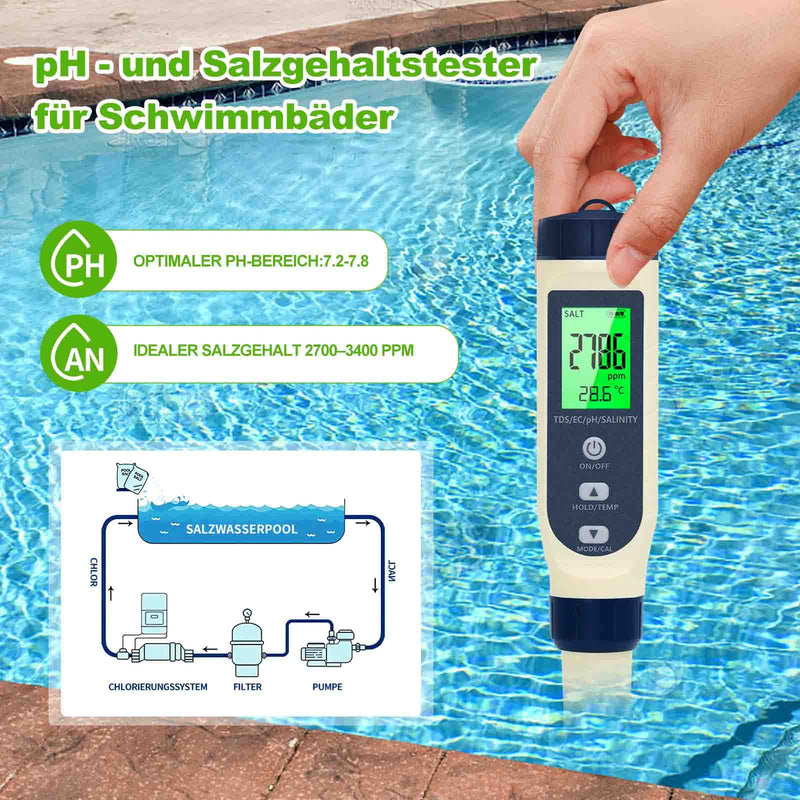 PH Meter Water, PH/TDS/EC/Salinity/Temp 5 in 1 pH Value Meter | With LCD display, automatic temperature compensation pH tester, high-precision water tester, ideal for drinking water, pool blue