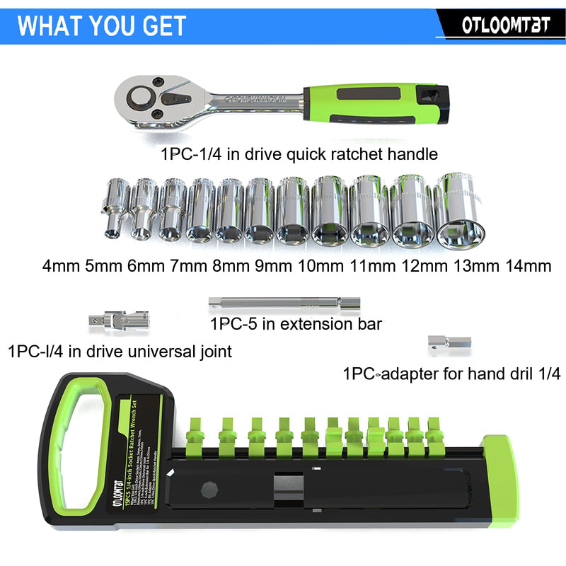 [Australia - AusPower] - 15pcs 1/4 Inch Drive Ratchet Socket Wrench Set, with Metric 4-14mm and Front and Rear Quick Released Ratchet Handle and Extension Bar Universal Joint Hand Drill Adapter, Portable Organizer 
