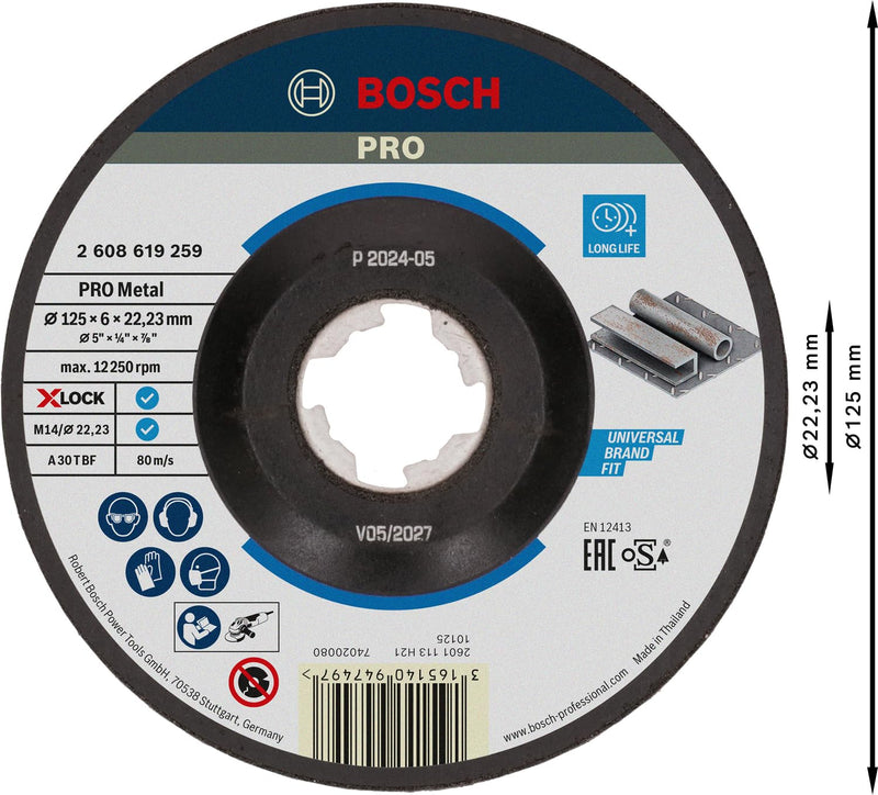 Bosch Professional Expert 2608619259 Cranked Grinding Disc for Metal, X-LOCK, Diameter 125 mm, Bore Diameter: 22.23 mm, Thickness: 6 mm, Diameter 125 mm