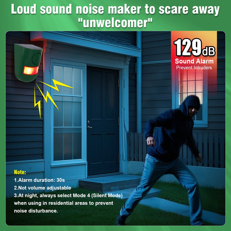 ChunHee Solar Motion Sensor Alarm Outdoor 4 Working Mode Motion Activated Alarm 129dB Loud Sound Noise Maker IP65 Waterproof Motion Detector with Strobe Light for Yard Farm Garden 2PC Green-2 PC