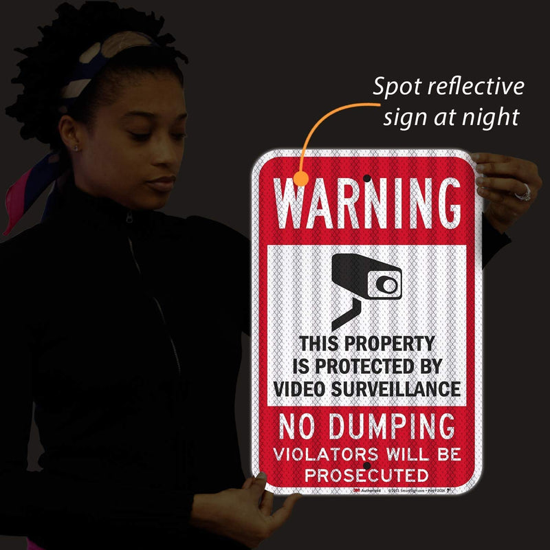 SmartSign-K-7484-HI Warning - Property Protected By Video Surveillance, No Dumping Sign By | 12" x 18" 3M High Intensity Grade Reflective Aluminum , Black/Red on White 3M Reflective Aluminum 10 Year Durability 18" x 12"