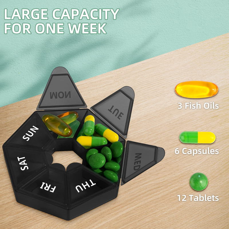 [Australia - AusPower] - 2 Pack Weekly Pill Organizer, Portable Travel Pill Box Dispenser Medicine case 6 Colors (Seven Day) New Edition for Vitamin/Fish Oil/Pills/Supplements-Arthritis Friendly (Black) Black 