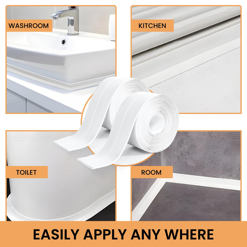 [Australia - AusPower] - White Caulk Tape Waterproof Self Adhesive, Bathroom Caulking Tape,Sealer Strip for Toilet Base Shower Wash Basin Sink, Easy to Use with Silicone Caulking Tool, Multifunction Middle Crease Design 