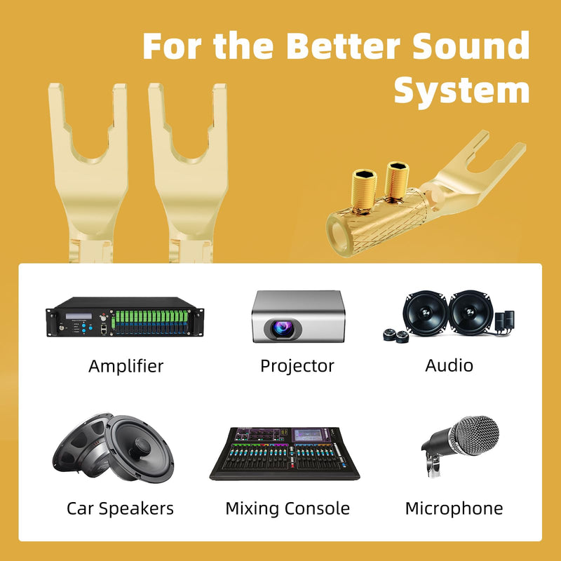 Monosaudio Spade Plug Connectors, Pure Copper 45 Degree Screw Locking Y Spade Plug Connector, 8pcs Speaker Wire Spade Terminal with Heat Shrink Tubes for 6-15Awg DIY Speaker Cable, Gold Plated