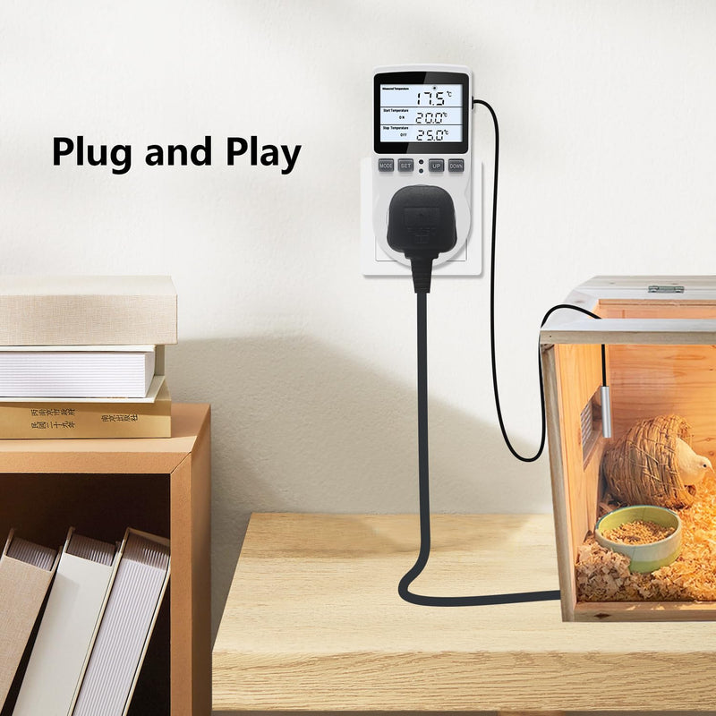 [Australia - AusPower] - KT3100BL Digital Temperature Controller Outlet Socket VA LCD Display Plug in Thermostat 15A 120V Output with Blue Backlight 3m Temperature Sensor KT3100BL Blue backlight 