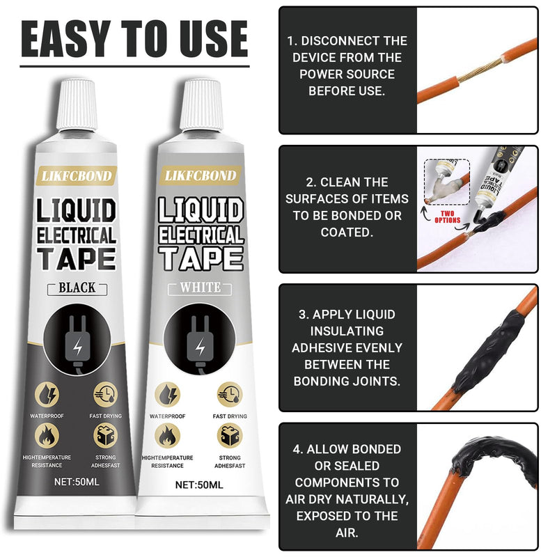 Liquid Electrical Tape Set, 100ml Liquid Rubber, Waterproof Insulating Wire Glue for Cables, Plugs, Equipment, 2 Count (Black and White) Black and White