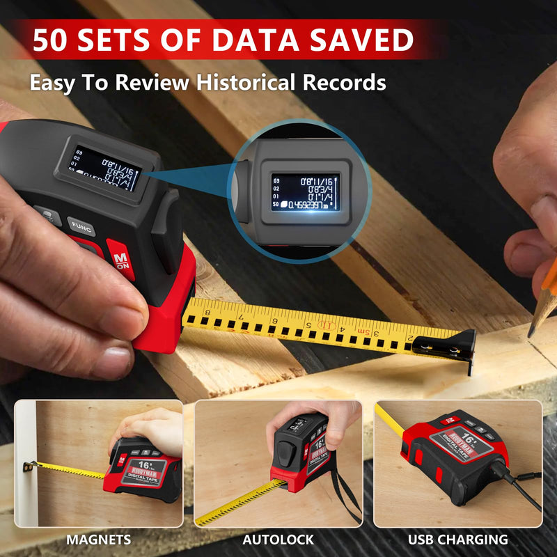 [Australia - AusPower] - Alloyman 2-in-1 Digital Tape Measure, 16Ft Length, 6 Unit Options, 4 Measuring Modes, Stores 50 Records, Auto Lock with Magnetic Hook, Waterproof & Drop-Resistant Black Red 