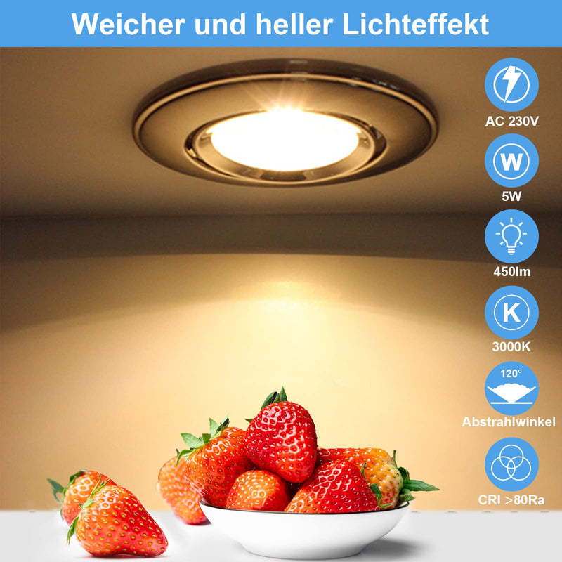 HiBay Set of 10 LED Recessed Spotlights, 230 V, GU10 Spotlights, 5 W, Warm White Ceiling Spotlights, Brushed Stainless Steel, Round + GU10 Socket | Deckenspots Edelstahl Gebürstet Rund inkl. GU10 Fassung Einbauspot für Wohnzimmer Schlafzimmer Flur Büro