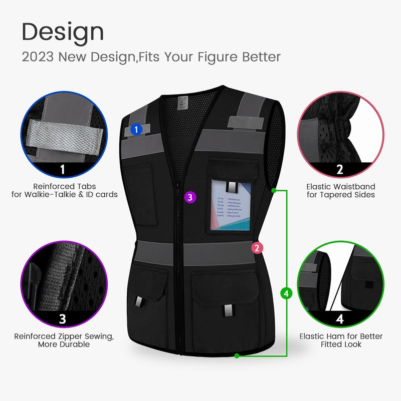 Reflective Vest for Women, Mesh Womens Safety Vest with 11 Pockets and Zipper, Hi Vis Neon Construction Work Vest for Lady Surveyors/Workers, Snugly-Fitted, ANSI Compliant (U-Black, M) Medium Black