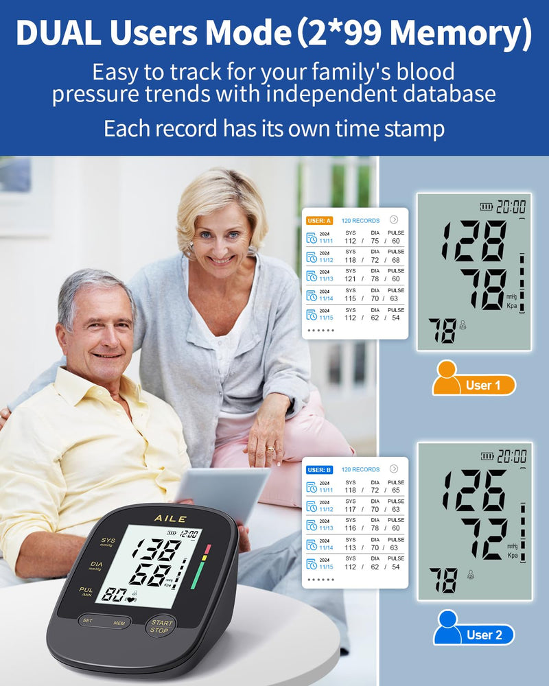 [Australia - AusPower] - Upper Arm Blood Pressure Machine - AILE High Blood Pressure Monitors for Home use with Adjustable Blood Pressure Cuff - Large LCD Screen,Dual Power Option X1 
