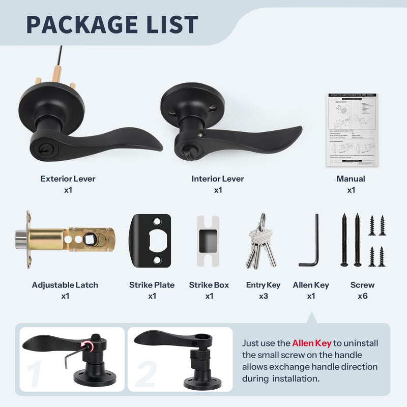 Wave Style Door Lever Keyed Entry Door Handle with Lock, Entrance Lever Reversible for Left/Right Handed for Office or Front Door with Matte Black, 1 Pack