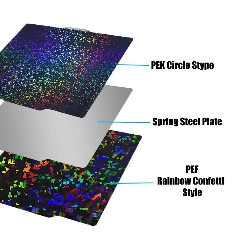 [Australia - AusPower] - Smooth Bambu Labs Build Plate for Bambu Lab X1/X1C/X1E/P1P/P1S/A1 3D Printer, Flexible Rainbow Confetti PEF+Rainbow Circle PEK Spring Steel Sheet Double Sided 3D Platform for Bambu Labs 257x257mm Rainbow Confetti PEF+Circle PEK 