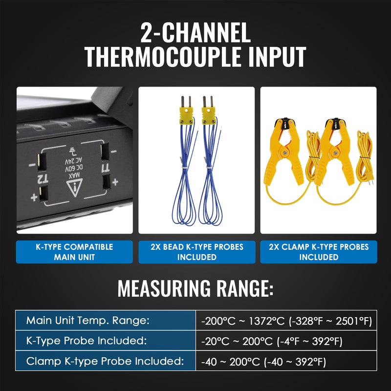 [Australia - AusPower] - Dual Channel K/J Thermometer with 4 Probes & 2 Pipe Clamps– -200°C to 1372°C° (-328°F to 2501°F) Alarm, Backlight Temperature Meter for HVAC Tools, Industrial Thermometer Dual Channels w Temp Clamp 
