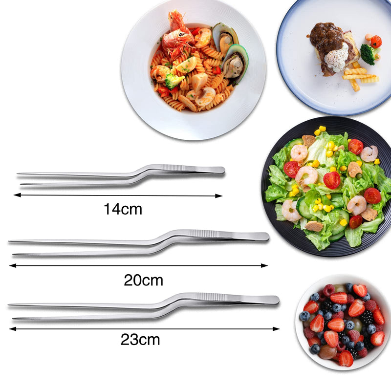 Stainless Steel Curved Tweezers Kitchen, 3 Pieces Kitchen Tweezers Cooking Tweezers 14/20/23 cm, Barbecue Tweezers, Food Tweezers, Cooking Tweezers Kitchen Set, for Cooking Kitchen, Handmade, Plant
