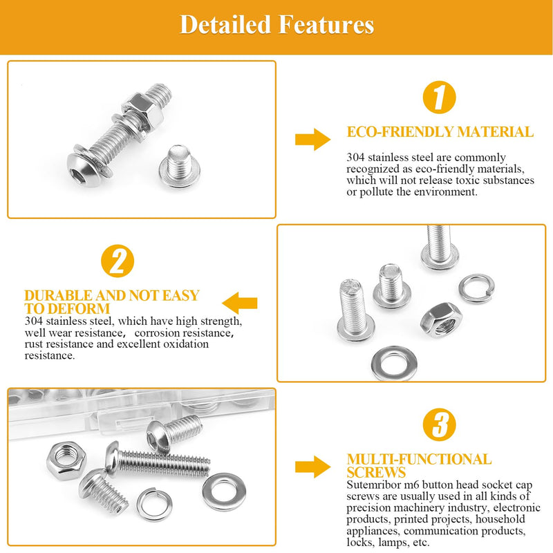 [Australia - AusPower] - 151 Pieces M6 Screws Nuts Washers Set, Sutemribor M6 x 8/10/12/16/20/25/30mm Button Head Socket Cap Screws Nuts Washers Assortment Kit, 304 Stainless Steel, Fully Threaded 