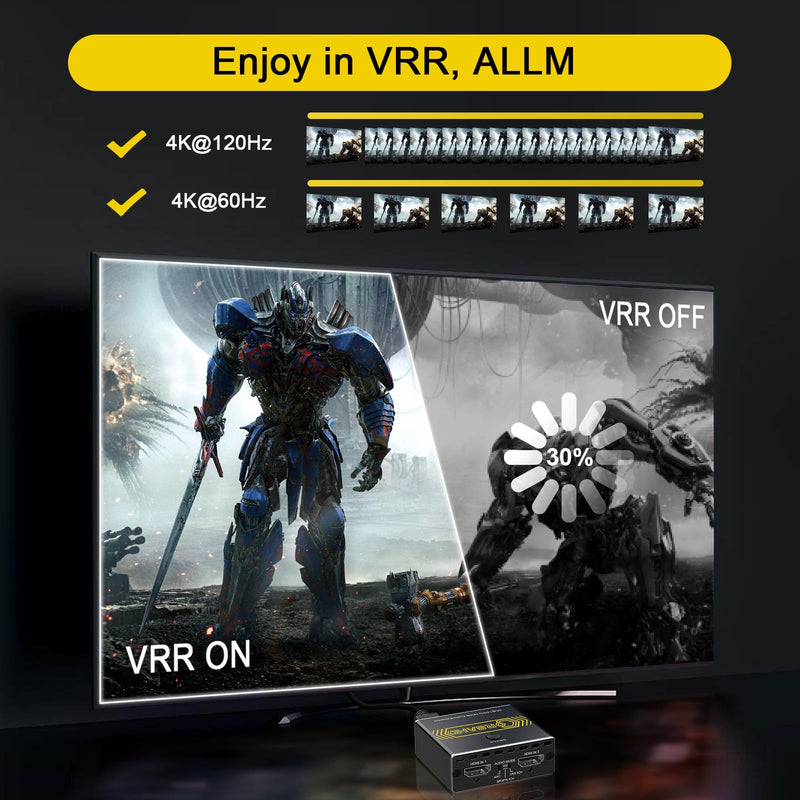 8K@60Hz 4K@120Hz HDMI2.1 Audio Extractor 2 in 1 Out Switch,48 Gbps,HDCP 2.3, SPDIF 5.1Ch,L/R 2.1Ch,Supports,ARC TV Apps,VRR,ALLM,HDCP Bypass,HDR,Dolby Vision Atmos,Soundbar,Graphics Card