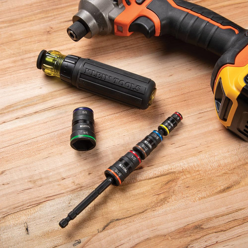 [Australia - AusPower] - Klein Tools 32934 Impact Driver, 9-in-1 SAE Impact Socket Set, 4 Flip Sockets with 1/4, 5/16, 3/8, 7/16, 1/2, 9/16, 5/8, and 3/4-Inch Nut Driver Sizes with Bit Holder, 6-1/2-Inch Shaft Flip Socket 