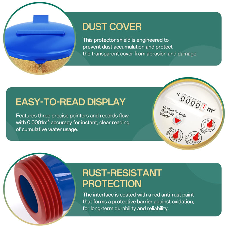 [Australia - AusPower] - DN20 Cold Water Meter, 3/4" NPT Thread Couplings, Horizontal Install, for Home, Garden Irrigation, Residential Water Supply 
