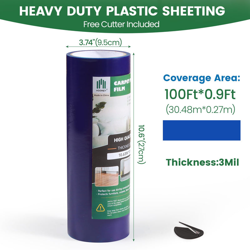 Voomey Carpet Protection Film - 10.63 inch x 100 ft Self Adhesive Plastic Carpet Protector for Low Pile & Commercial Carpets - Removable & Residue Free