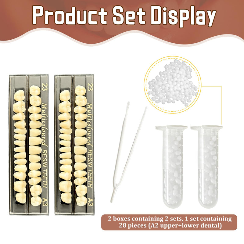 56 Pieces False Teeth, Complete Acrylic Resin Dentures, 2 Set Whole Teeth, Synthetic Polymer Denture Teeth, 23 Tones A3 Upper + Lower Dental Materials for Replacement, DIY or Halloween