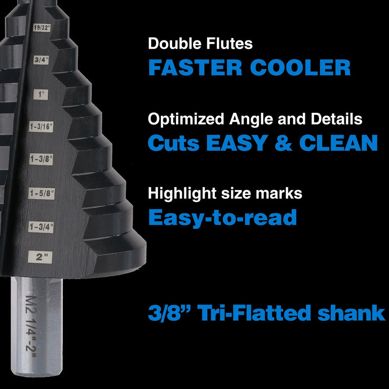1/4 to 2 Inches M2 HSS Step Drill Bit, Large Unibit for Cutting Holes on Stainless Steel, Metal, Wood & Plastic (2") 2 in