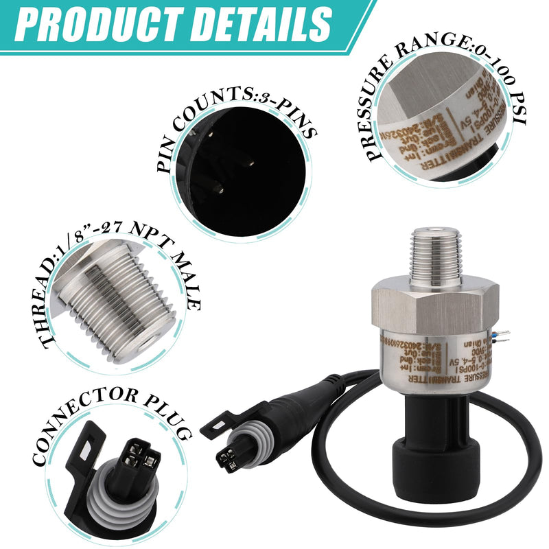 [Australia - AusPower] - 100 PSI Pressure Transducer Sender Sensor with 1/8" -27 NPT 316 Stainless Steel Thread and Harness Connector for Oil Fuel Air Water Pressure 100 PSI 