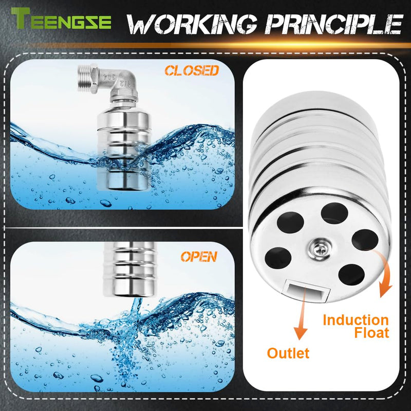 [Australia - AusPower] - 2Pcs Automatic Water Level Control Float Valve 304 Stainless Steel, 2Pcs 1/2" & 3/4" Straight/Elbow Fittings with 2 Feed Strip for Water Tanks, Pools, Livestock Troughs (0.2-10Pa, Food Grade) 
