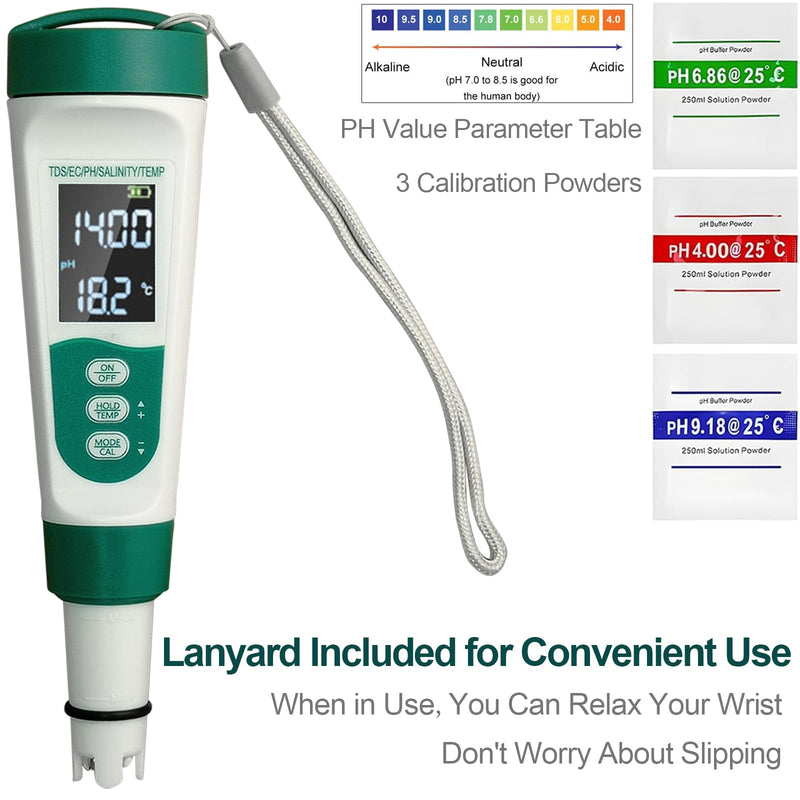 [Australia - AusPower] - Display PH Meter Watter Tester 5 in 1, Functions: PH,TDS,EC,Salt,Temp, IPX5 Waterproof, High Accuracy With 3 Calibration Powders, for Saltwater Pool, Hot Tubs, SPAs, Aquarium, Hydroponics System 