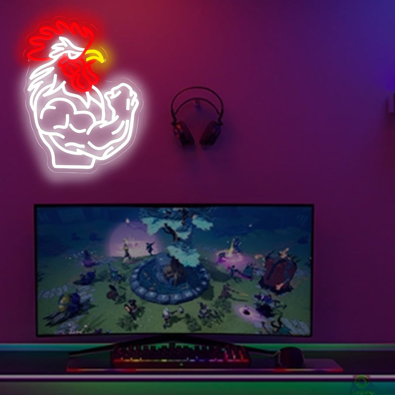 Muscular Rooster Gym Neon Sign for Home Gym Decor, Bodybuilding Funny Chicken Led Neon Light for Workout Trainer Room, Farmhouse,Bold Gifts for Game Rooms, and Man Caves Muscular Rooster-Red White