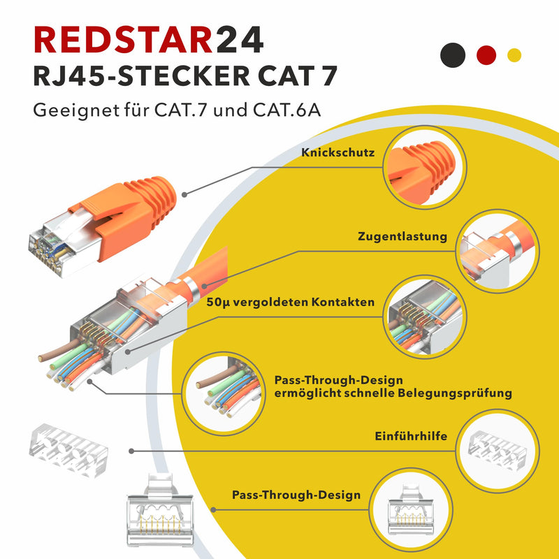 RJ45 Connector Cat7 Set of 10 | Network Plug, Pass Through & Shielded | Includes strain relief, orange bend protection boot & insertion aid | Ideal for CAT 7, Cat6A installation cables AWG23 | 8-pin RJ45 plug, 10 pieces