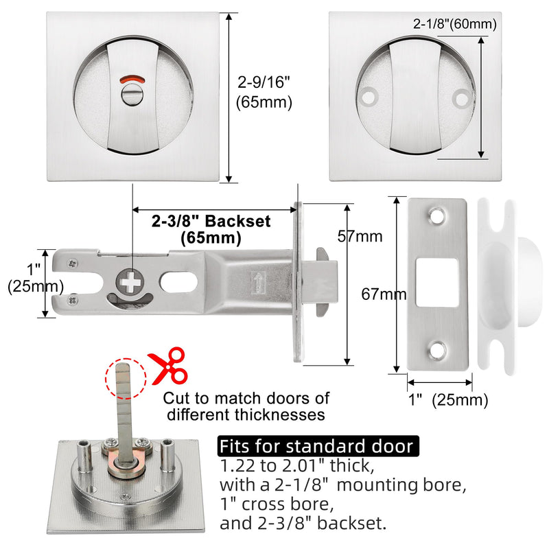 Malimali Pocket Door Lock, Pocket Door Hardware Square Door Lock for Privacy Sliding Door Bifold Door Locks and Pulls Handles Replacement Hardware (Brushed Steel, Privacy Lock with Indicator) Brushed Steel