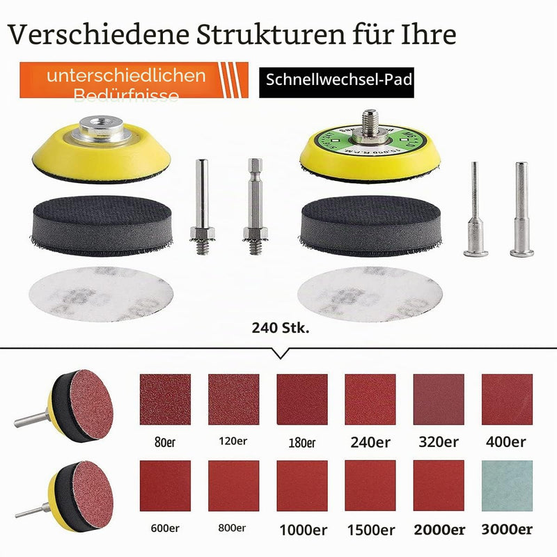 JTWEB Sanding Discs Pad Kit 2 Inch 50 mm Polishing Pad Adapter 244 Piece Set | Aluminum Oxide Sandpaper Velcro with Foam Buffer Pad for Drill Wood Metal Car Grit 80 to 3000 Attachment