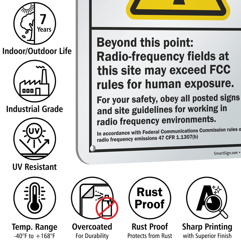 SmartSign 10 x 7 inch “Caution - Beyond This Point: Radio-Frequency Fields May Exceed FCC Rules for Human Exposure” ANSI Metal Sign, 40 mil Laminated Rustproof Aluminum, Yellow, Black and White