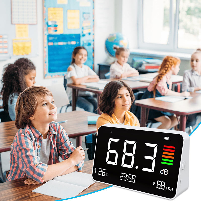 [Australia - AusPower] - 5-in-1 Decibel Meter,Digital Sound Level Meter 30-130db,8.5" LED Display Desktop Noise Time Temperature Humidity Meter for Classroom, Studio, Home, Factory 