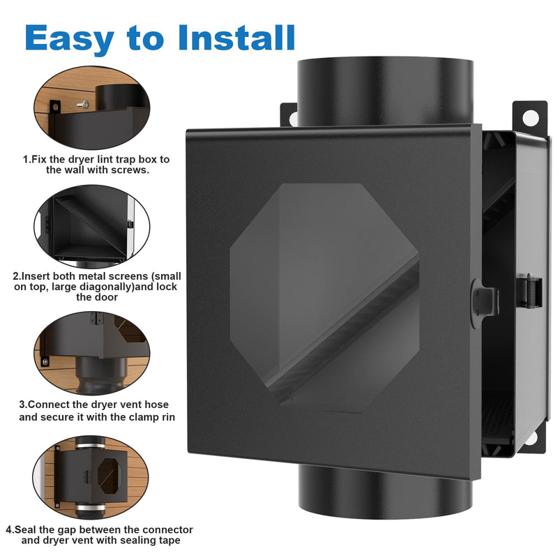 4 Inch Dryer Lint Trap Kit, Metal Lint Collector Box with 90° Elbow Connector, 2 Filter Screens, Exhaust Hose Clamps, Aluminum Foil Tape & Cleaning Brush 90°-black