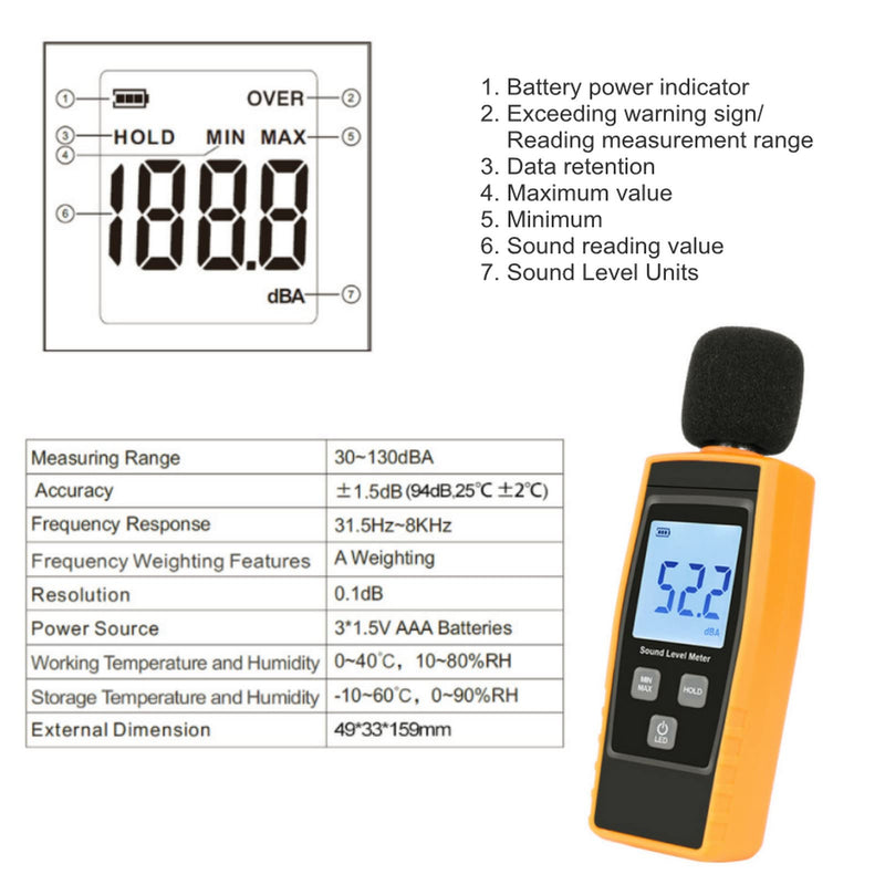 [Australia - AusPower] - Noise Tester (Decibel Meter) Decibel Meter Sound Level Meter 30dB (A) to 130dB (A), LCD Noise Decibel Meter for Monitoring Noise Load, Home Theater Setup 