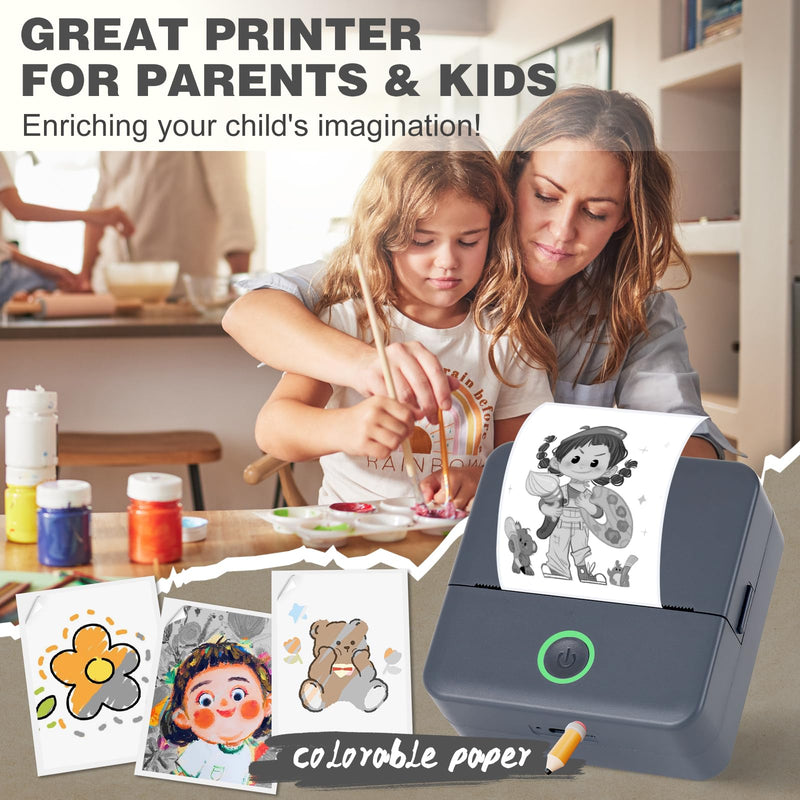 cudinham Print Pods Mini Printer, Sticker Printer with 10 Rolls Thermal Printing Paper, Inkless Pocket Printpod for Phone, Impresora Portátil for Notes, DIY, Compatible with iOS & Android (Grey) Grey