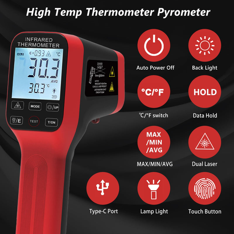 [Australia - AusPower] - Pyrometer, Rechargeable Touch Screen Laser Thermometer with Bluetooth -58°F to 2912°F High Temp Infrared Thermometer Gun with DS=30:1, IR Thermometer with Adjustable Emissivity, for HVAC Forge AP-1600APP 