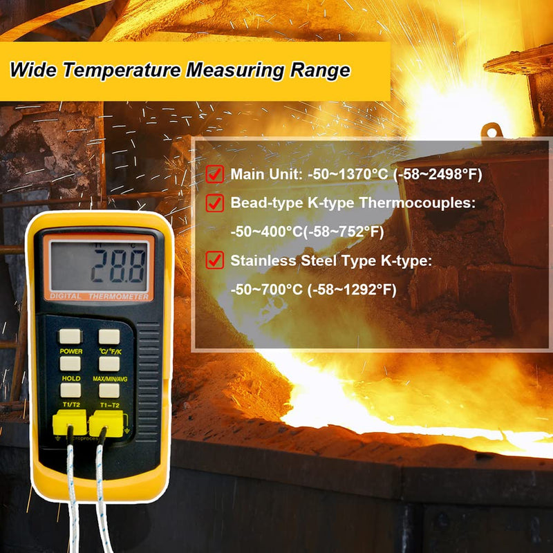 [Australia - AusPower] - Mengshen K-Type Digital Thermometer, 2 Channel with 4 Thermocouples Probe Sensor -50~1370°C (-58~2498°F) °C °F Kelvin Scale Switchable Handheld Temperature Meter Measurement 