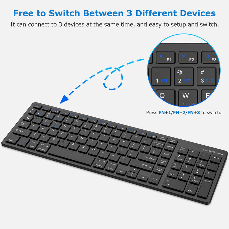 [Australia - AusPower] - Wireless Keyboard, Bluetooth Keyboard with Number Pad, 2.4G+Bluetooth Full-Size Quiet Computer Keyboard for iPad 10.2(9th/8th/7th)/iPad Air 5th/4th/iPad Pro 11/12.9, iPad 10.5/9.7/iPad Mini (Black) Black 