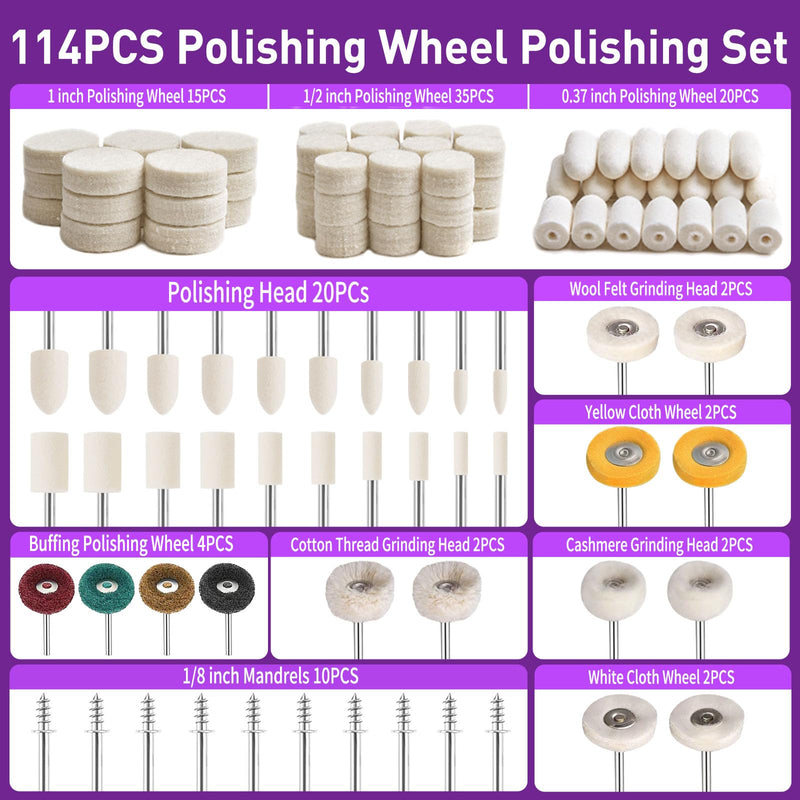 [Australia - AusPower] - Pack of 114 Wool Felt Polishing Wheels, Polishing Attachments, Silver, Wool Felt Mounted Mandrel Polishing Set with 2 Polishing Paste, 3 mm Shaft Polishing Accessories, Suitable for Grinding and 